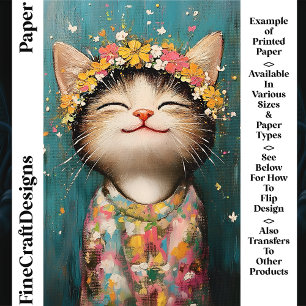 Chaton Heureux, Couronne de Fleurs, Papier Craft C
