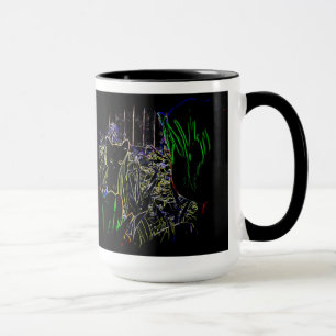 Chaton noir dans les tasses du jardin du néon