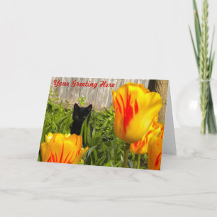 Chaton noir en Tulipes carte de voeux