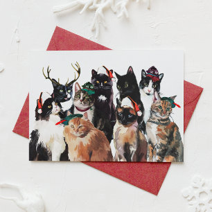Chats aquarelle avec chapeaux de Noël Carte de Noë