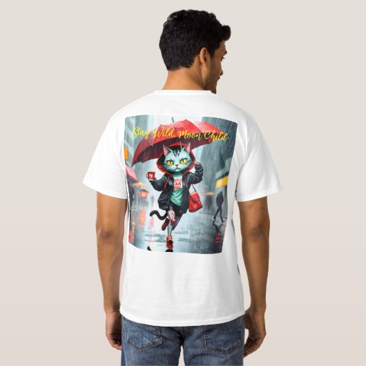 chats courant sous la pluie avec t-shirt parapluie (Dos entier)