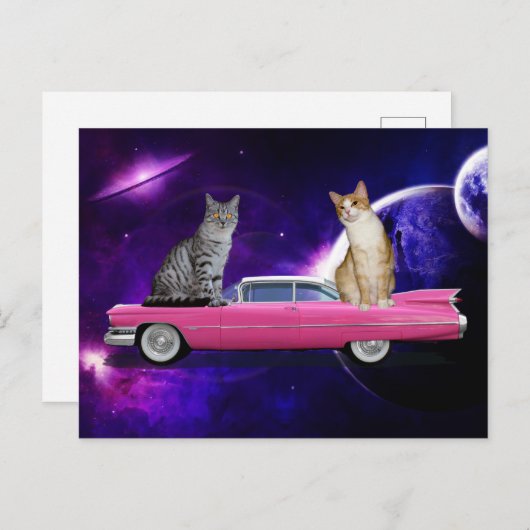 CHATS DANS L'ESPACE SUR UNE CARTE POSTALE CADDY RO (Devant / Derrière)