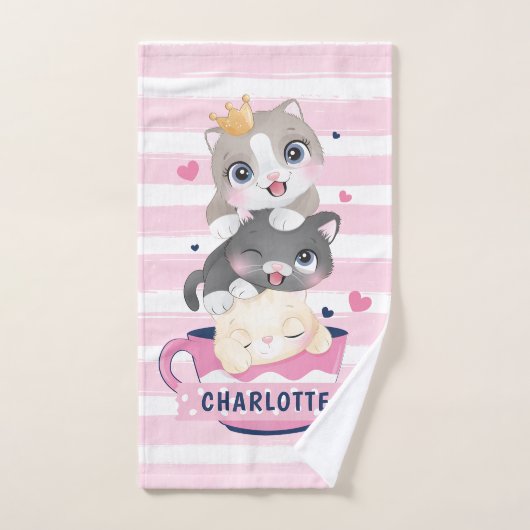 Chats de dessin animé mignons empilés rayures rose (Serviette à main)