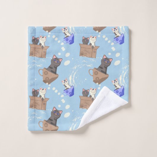 Chats en boîte et gouttes de lait sur bleu (Gant de toilette)