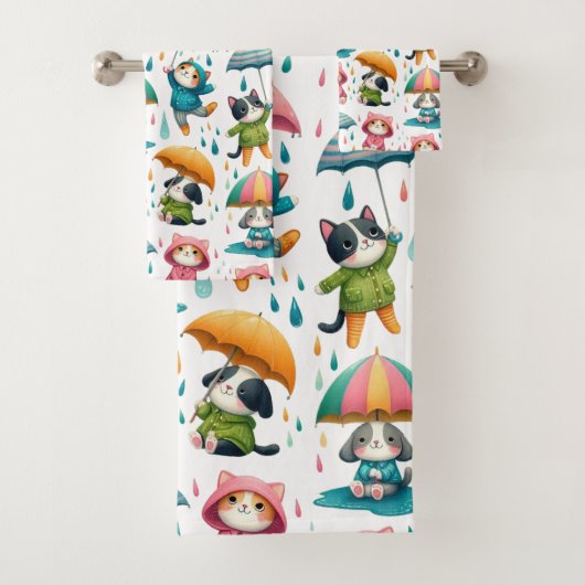 Chats et chiens à plume mignonne avec parapluies (En situation)