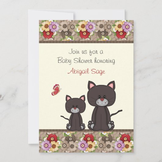Chats et fleurs Baby shower Invitation pour filles (Devant)