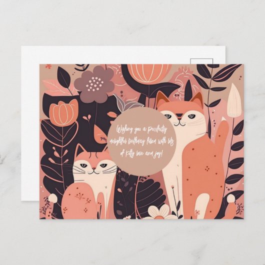 Chats et fleurs Boho rose Carte postale Anniversai (Devant / Derrière)