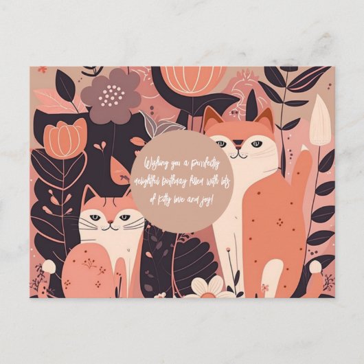 Chats et fleurs Boho rose Carte postale Anniversai (Devant)