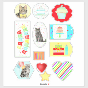 Chats et gâteaux colorés Stickers d'anniversaire