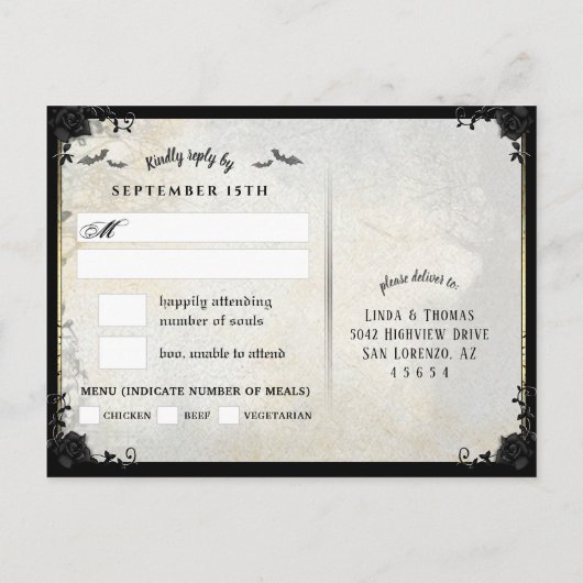 Chats gothiques Halloween gris RSVP Menu PostCard (Dos)