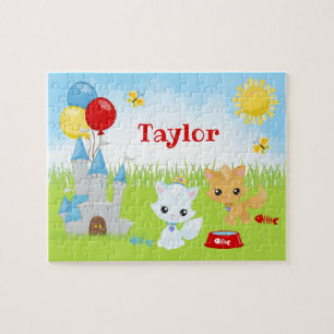 Chats Kittens Castle Blue et Red Jigsaw Puzzle