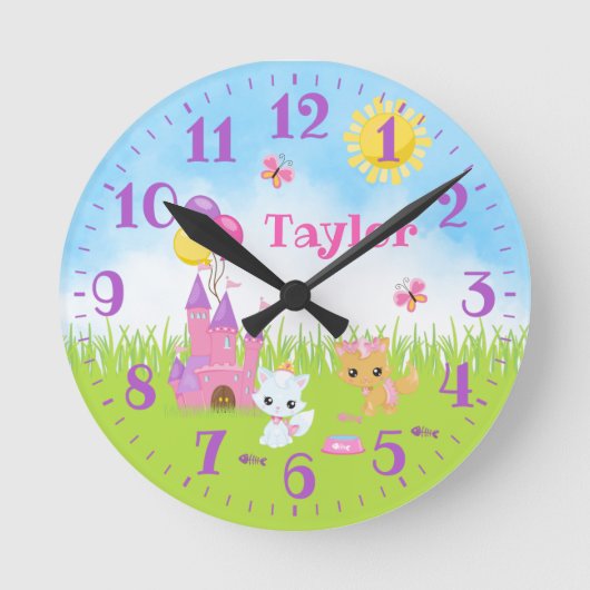 Chats Kittens Castle Horloge ronde rose et violet (Recto)