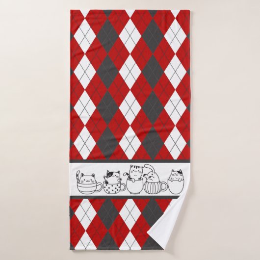 Chats mignons En Tasses -Jacquard rouge, blanc et  (Serviette de bain)