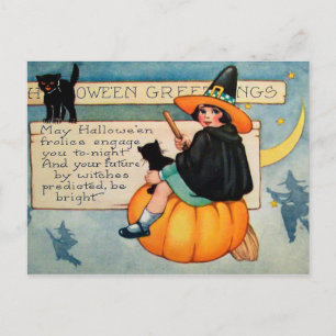 Chats noirs sorcière Halloween carte postale Vinta