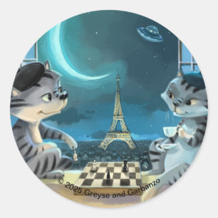 Chats Tour Eiffel - Autocollants Ronds Classiques