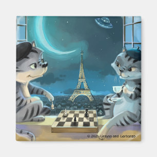 Chats Tour Eiffel - Magnet Carré Nuit 2"