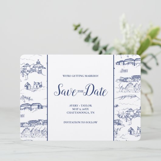 Chattanooga Toile Navy en White Save the Date (Staand voorkant)