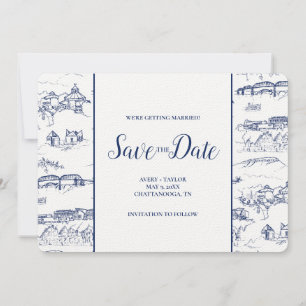 Chattanooga Toile Navy en White Save the Date