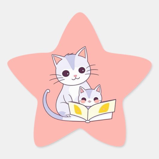 Chatte mère lisant à son chaton Autocollant étoile (Devant)