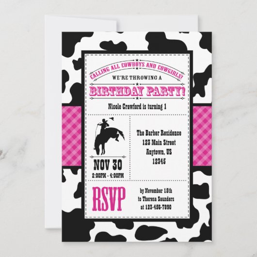 Chaud rose Cowhide Cowboy Invitation d'anniversair (Devant)