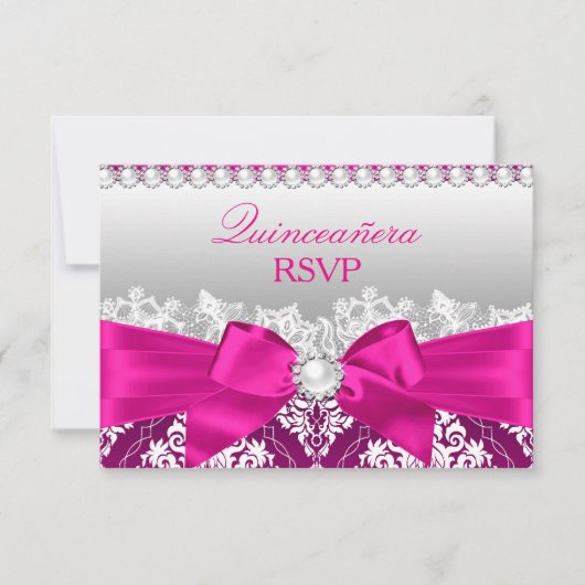 Chaud rose Damask & Pearl Bow Quinceanera RSVP (Devant)