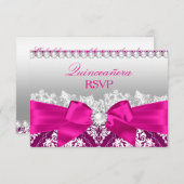 Chaud rose Damask & Pearl Bow Quinceanera RSVP (Devant / Derrière)