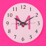 Chaud rose moderne Script Girl Monogramme Nom<br><div class="desc">Faites une déclaration audacieuse dans votre espace avec notre Hot rose Modern Script Girly Monogramme Nom Large Horloge! Doté d'un design rose vif et personnalisé avec votre nom dans un élégant script moderne, cette horloge ajoute une touche élégante et personnelle à toutes les chambres. Parfait pour les chambres, les bureaux...</div>