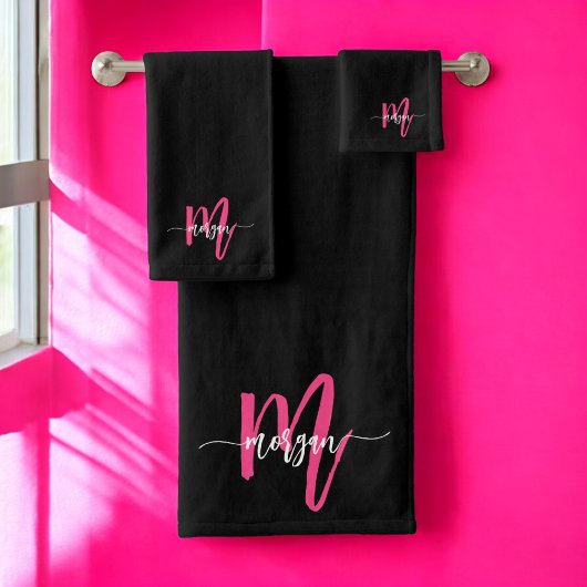 Chaud rose noir moderne Script Girl Monogramme Nom