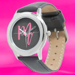 Chaud rose noir moderne Script Girls Monogramme No<br><div class="desc">Accessoire avec élégance en utilisant notre Hot Pink Modern Script Girls Monogram Nom Monographie! Ce garde-temps élégant est doté d'un visage rose vif, personnalisé avec votre nom dans un script moderne chic pour un look unique et personnalisé. Parfait pour ajouter une pop de couleur à n'importe quelle tenue, il combine...</div>