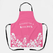 Chaud rose Nom personnalisé Blanc floral tablier (Recto)