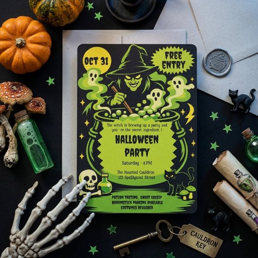 Chaudière de sorcière verte Invitation Halloween