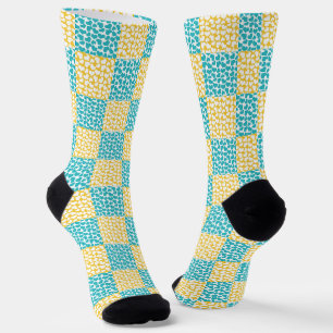 Chaussette à damiers Amour en Turquoise, Jaune et Blanc