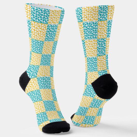 Chaussette à damiers Amour en Turquoise, Jaune et Blanc (Angulaire)