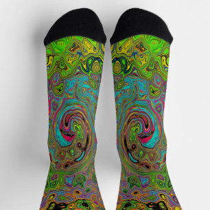 Chaussette Abstrait Rétro Groovy Tourbillon Vert Citron et Bl