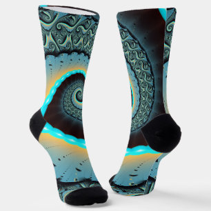 Chaussette Abstraite spirale d'art fractal bleu turquoise ora