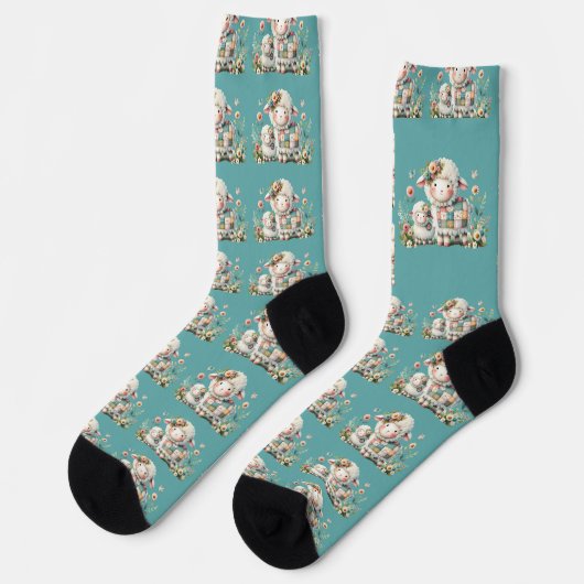 Chaussette Agneaux Mignons avec Accents Floraux et Patchwork (Gauche)