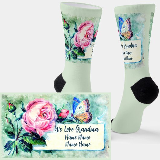 Chaussette Ajouter des noms, Grand-mère Rose Rose Floral bleu