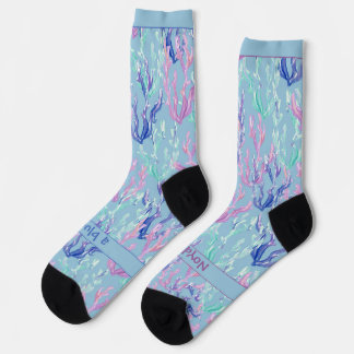 Chaussette Algues colorées, Texte sur fond bleu