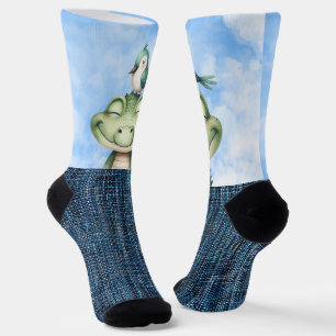 Chaussette Alligator souriant et oiseau