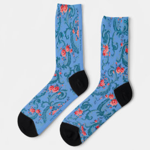 Chaussette Ancien papier peint floral bleu et rouge