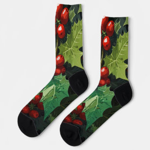 Chaussette aquarelle de Noël feuilles de houx botanique