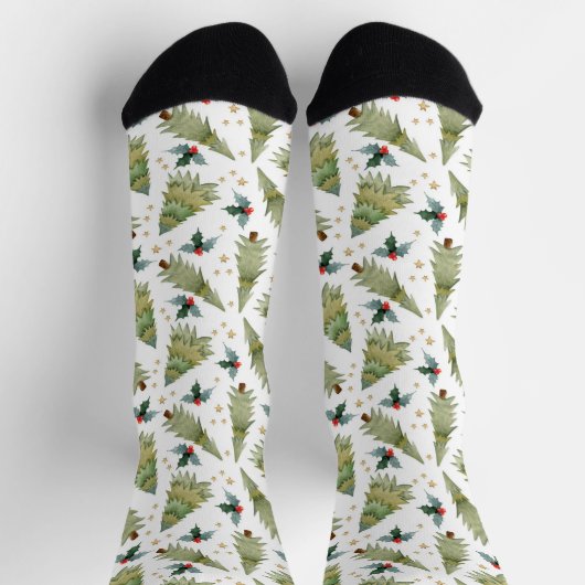 Chaussette Aquarelle Festive Arbres de Noël Holly Motif (Haut)