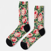 Chaussette Aquarelle Rose & Rose Rouge Fleurs & Feuilles vert (Gauche)