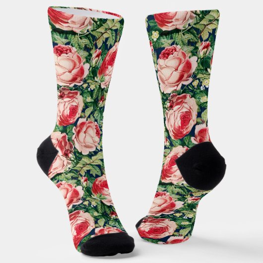 Chaussette Aquarelle Rose & Rose Rouge Fleurs & Feuilles vert (Angulaire)