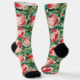 Chaussette Aquarelle Rose & Rose Rouge Fleurs & Feuilles vert