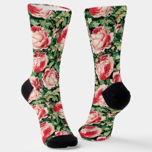 Chaussette Aquarelle Rose & Rose Rouge Fleurs & Feuilles vert