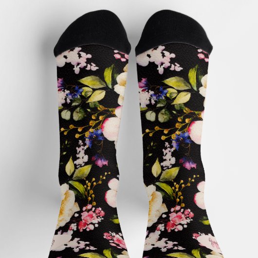 Chaussette Aquarelle rose Roses jaunes sur noir, Monogramme (Haut)