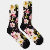 Chaussette Aquarelle rose Roses jaunes sur noir, Monogramme (Droite)