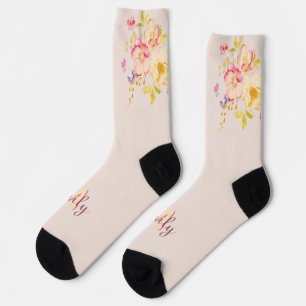 Chaussette Aquarelle Roses Jaunes Rose, Monogramme