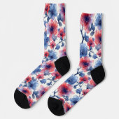 Chaussette Aquarelle rouge, fleurs bleues sur le blanc (Gauche)